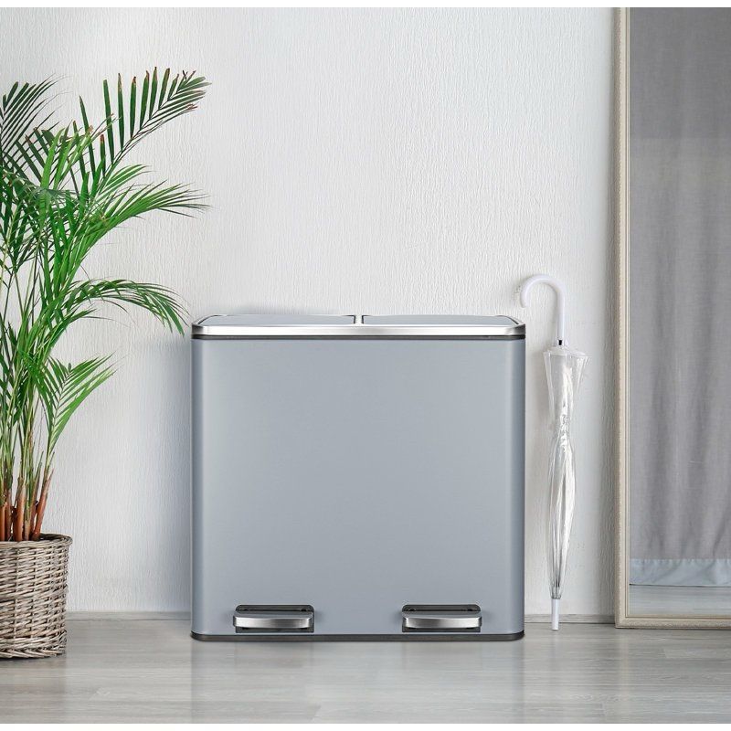 16 GallonStainless Steel Trash Can, 60L Dual Compartment, Metal Kitchen Step Recycle Bin, Metal Double Dustbin, in-Home Garbage Rubbish Can 