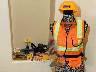 Kids Pretend Black + Decker Junior Toy ToolBelt/Set, Kids Electric Toy Chainsaw/Work Gloves & New Kids Construction Vest/Hat/Tools Playset Bundle