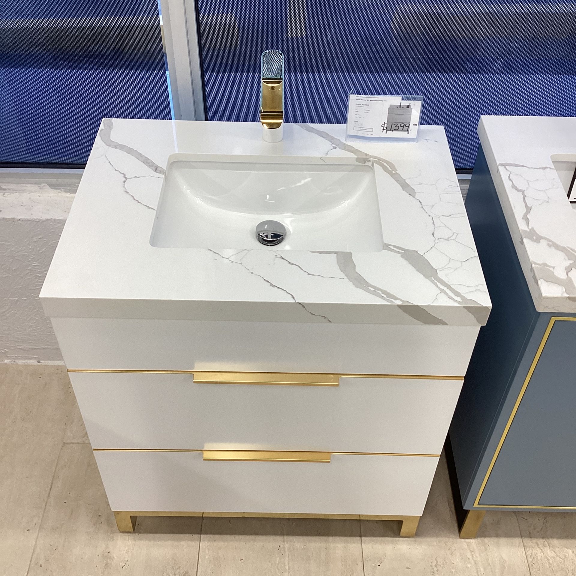30” White Bathroom Vanity Quartz Countertop Ceramic Sink Solid