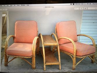Vintage Mid Century modern rattan bamboo tiki chair table set salmon pink upholstery