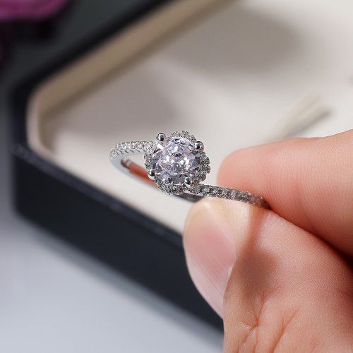 Beautiful Stone Twisted Macro Pave Silver Pure Flower Wedding Ring, K844
 