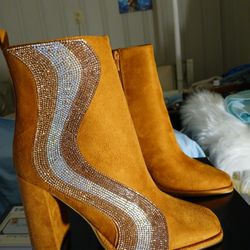 Want Some Bling? Pair Of Suede Chestnut Brown Heeled Boots