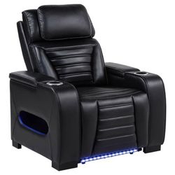 Faux Leather Upholstered Dual Power LED Chair Recliner Black Cup Holders USB Charger