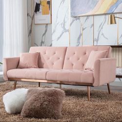Velvet Futon Sofa Bed for Living Room, 68 in. in W Convertible 3-Adjustable Couch Loveseat with Metal Leg in Pink