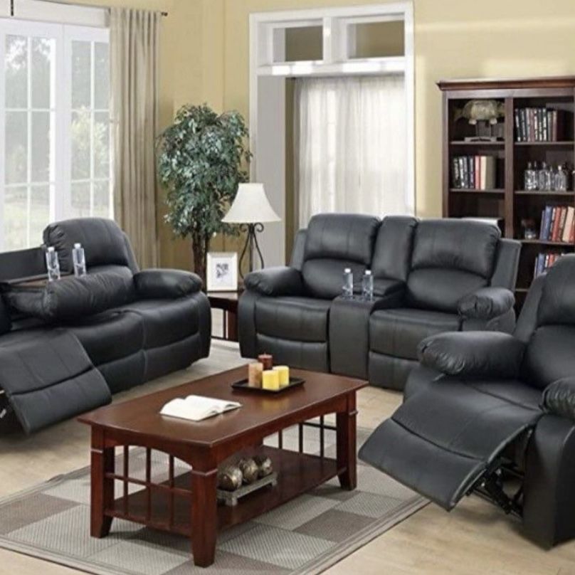 Black Leather Fully Reclining Three Piece Couch Set 