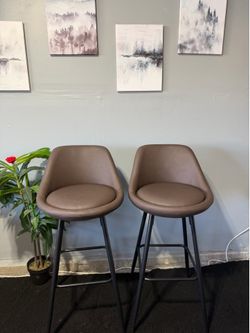 Set of 2, 30” Aldis Brown Faux Leather Barstool with Black Metal Legs and Decorative Zipper