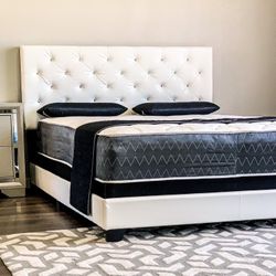Queen White Tufted Bed Plus Queen Plush Mattress (Free Delivery )