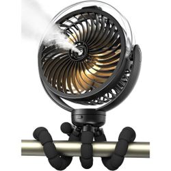 Misting Stroller Fan, 6000mAh Battery Operated Portable Fan with Light & 360° Pivoting, Personal Fans with Flexible Tripod for Baby, Office, Travel,Tr