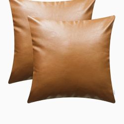 New set of 2) 18" faux leather cognac tan pillow case covers modern farmhouse boho home decor