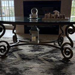 Rare Monumental Mediterranean "Ionic Scroll" Coffee Table: Hand-Forged Wrought Iron & Beveled Glass