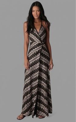 KARINA GRIMALDI Florance Chevron Maxi Wrap Dress Black Gold S l Halter Metallic Knit Dress