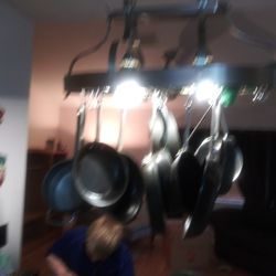 2-Light Brushed Nickel Kitchen Pot Rack Light with Hooks

