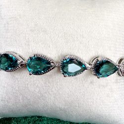High Carbon CZ Teal Teardrop Statement Bracelet 14K White Gold Plated 7-8"