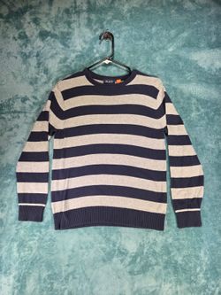 The Children's Place Boys Sweater L 10/12 Navy Gray Striped 100% Cotton Crewneck