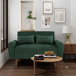 48'' Loveseat Sofa, Mid-Century Modern Upholstered Couch Deep Seat with 2 Pillows, 10" Thick Cushion with Spring, Solid Wood Frame Small Couch for Liv