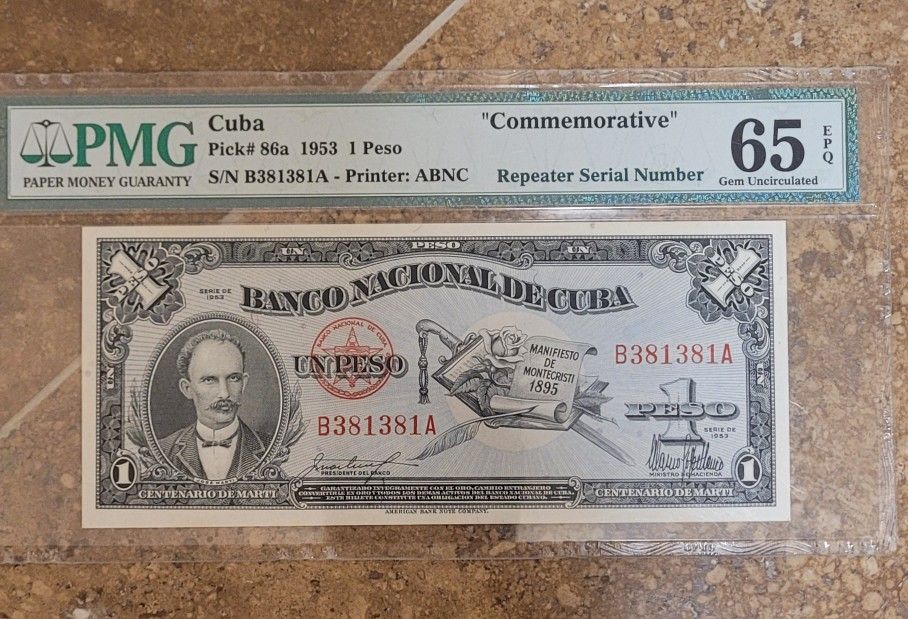 Raro Repaeter 1953 CUBA Peso Note Montecristi PMG 65 Billete Cubano Repetidor