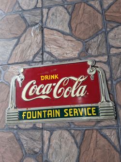 Vintage "Drink Coca-Cola Fountain Service " Advertising Sign. SIZE: 20"LX16"H. 2004 Reproduction. Art Deco Style.