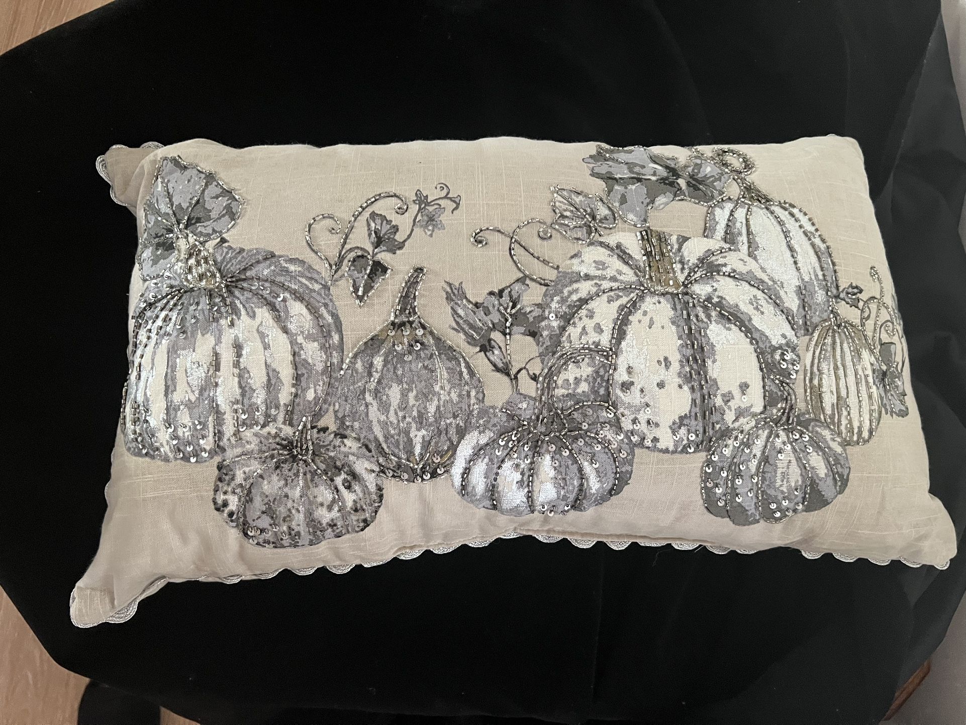 Pillow Pumpkins Embroidered with Beads Silver On Caton Cotton