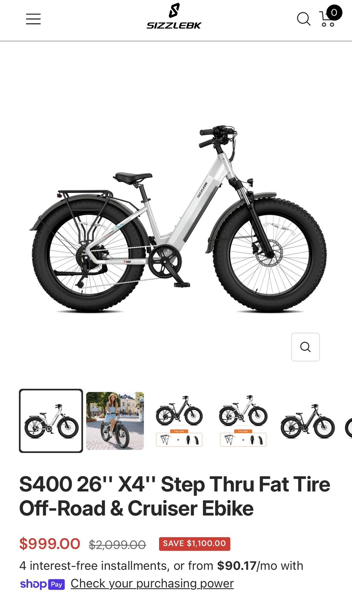 S400 26" X4" Step Thru Fat Tire Off-Road & Cruiser Ebike