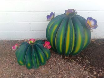 Handcrafted metal barrel cactus sculptures