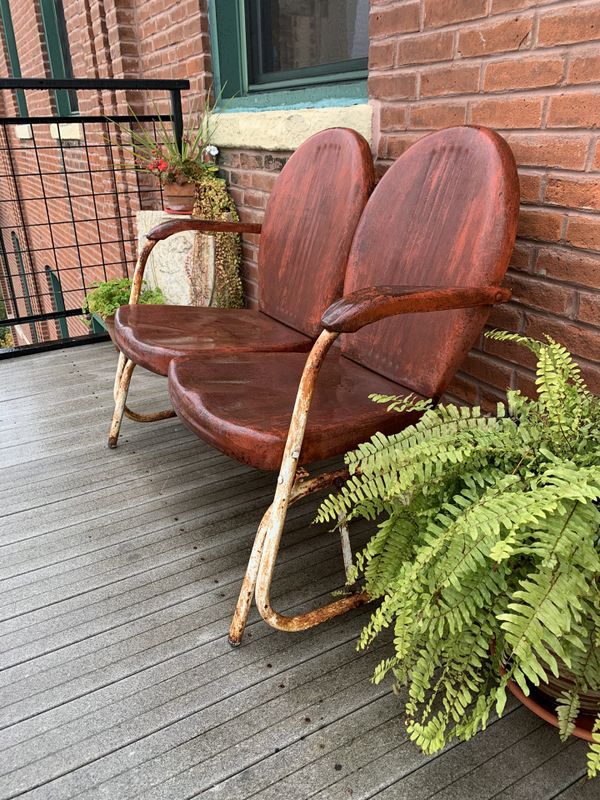 Antique Vintage Metal Red Porch Glider Bench Patio Furniture Loveseat