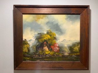Vintage Original Oil Painting Lake Cabin Cottage Fall 24x20” Framed Signed