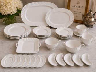 Vintage Aynsley Bone China England White Swirl Dinnerware Set + 2 Large Serving Platters