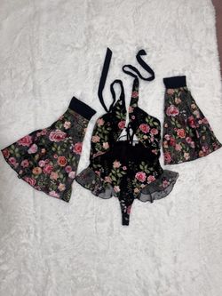 New xl black floral embroidered bodysuit arm sleeve boho festival dress top rave 