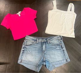 3-Piece Summer Bundle: Silver Jeans Co. Denim Shorts & 2 Cropped Tops (Sizes S-M)