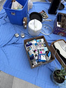 Yard Sale, Various Items. Computer Items. Coffee Maker With Tricky Latch. Old Rice Cooker.