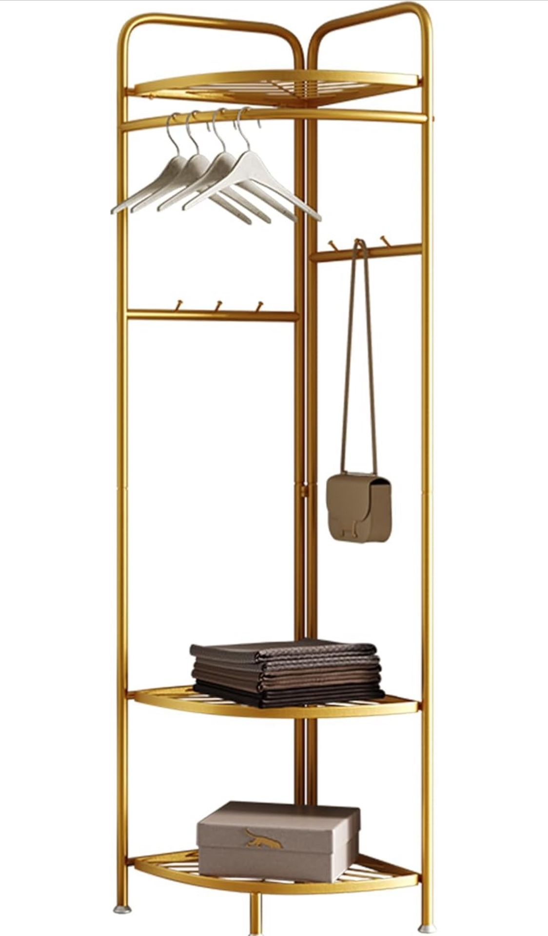 corner coat rack,corner hall tree with 6 hooks and storage shelf,gold clothing rack,Freestanding garment rack,metal corner clothes rack for Hallway, E