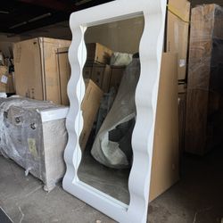 Aubrie Large 82” White Wavy Scalloped Floor Mirror
