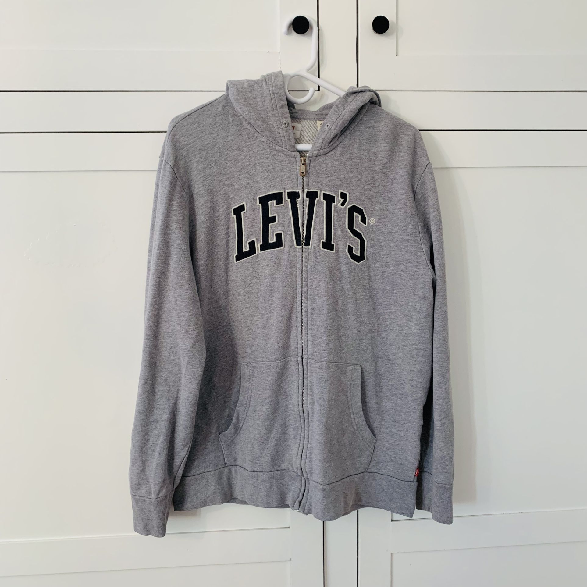 Men’s Levi’s Gray Navy Logo Zip Up Hooded Jacket Y2K Size Large