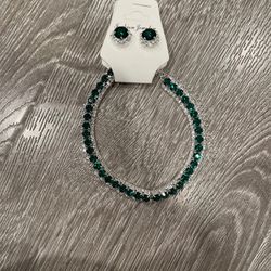 Luxury Green Rhinestone Necklace & Stud Earrings Set, Women's Crystal Choker