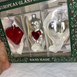 Vtg GLASS ORNAMENTS West Germany Christmas 2 hearts & A Valentine Bear
