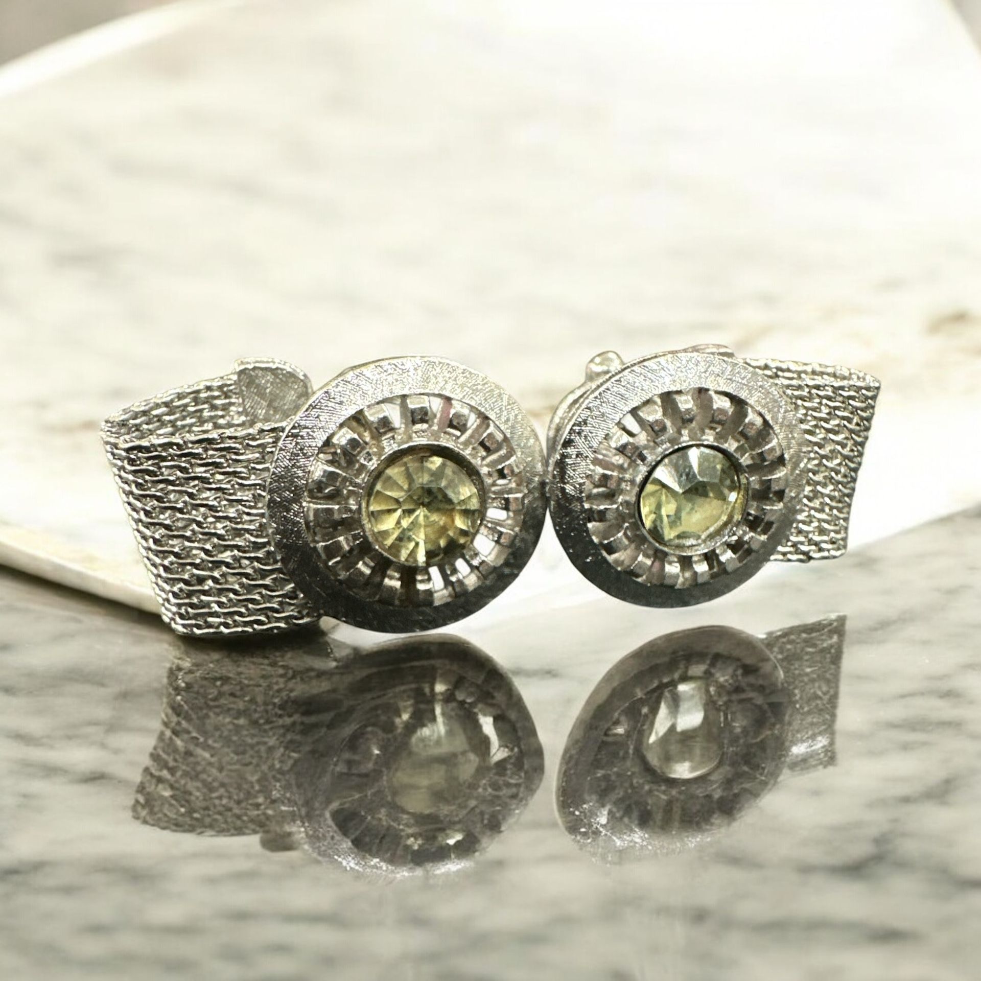 Vintage Executive Cufflinks Crystal Wrap Silver Tone Mesh