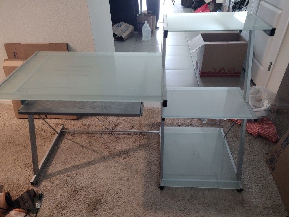 Silver Desk With 3 Shelves And Frosted Glass