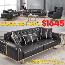 New In The Box 📦 Black Leather Living Room Sofa Set 3pc - Delivery And Financing Available 