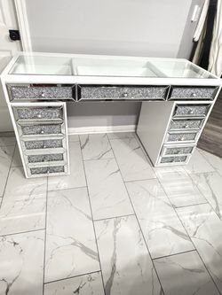 Mirrored Vanity Desk with Crystal Drawers