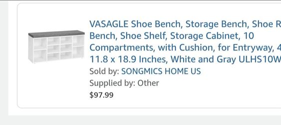 VASAGLE 10-Compartment Shoe Storage Bench with Cushion