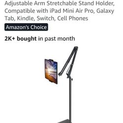 Tablet Floor Stand with Double Weight Base, Overhead Bed Phone Mount Height Adjustable Arm Stretchable Stand Holder, Compatible with iPad Mini Air Pro
