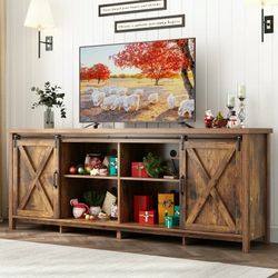 70" Farmhouse Sliding Barn Door TV Stand for TVs Up to 80" TVs, Entertainment Center Console Table with Adjustable Shevles
