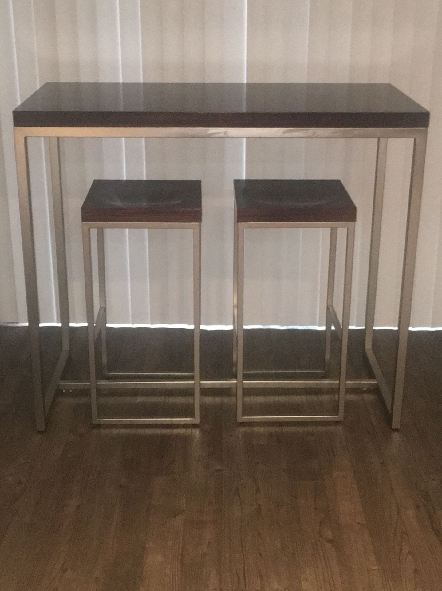 CB2 Bongo High Dining Table & Two 30" Bar Stools