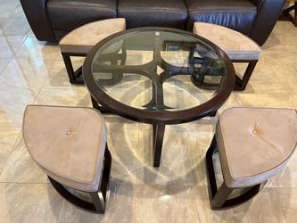 Coffee Table with 4 Hidden Pull-Out Chairs/Stools – Glass Top – Excellent Condition
