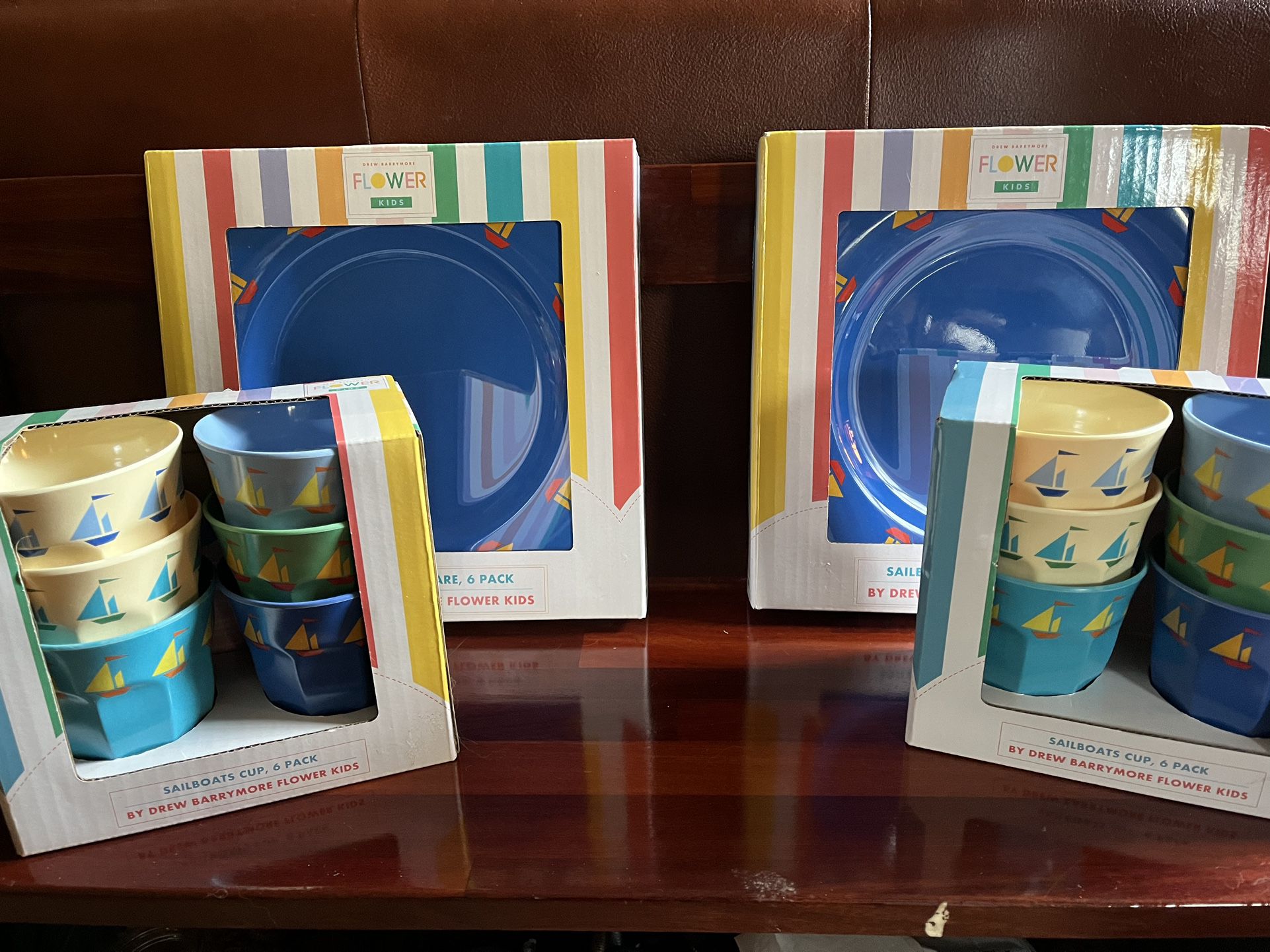 New (2) Set Kid’s Plates And Cups Sailboats