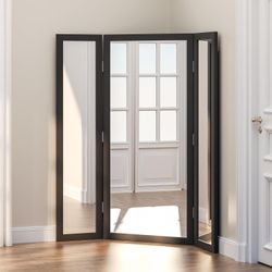 3 Way Mirror Full Length with Tempered Glass, 71"x67" Oversized Bridal Triple-Fold Floor Mirror with Wood Frame, Decorative Trifold Mirror for Home,We