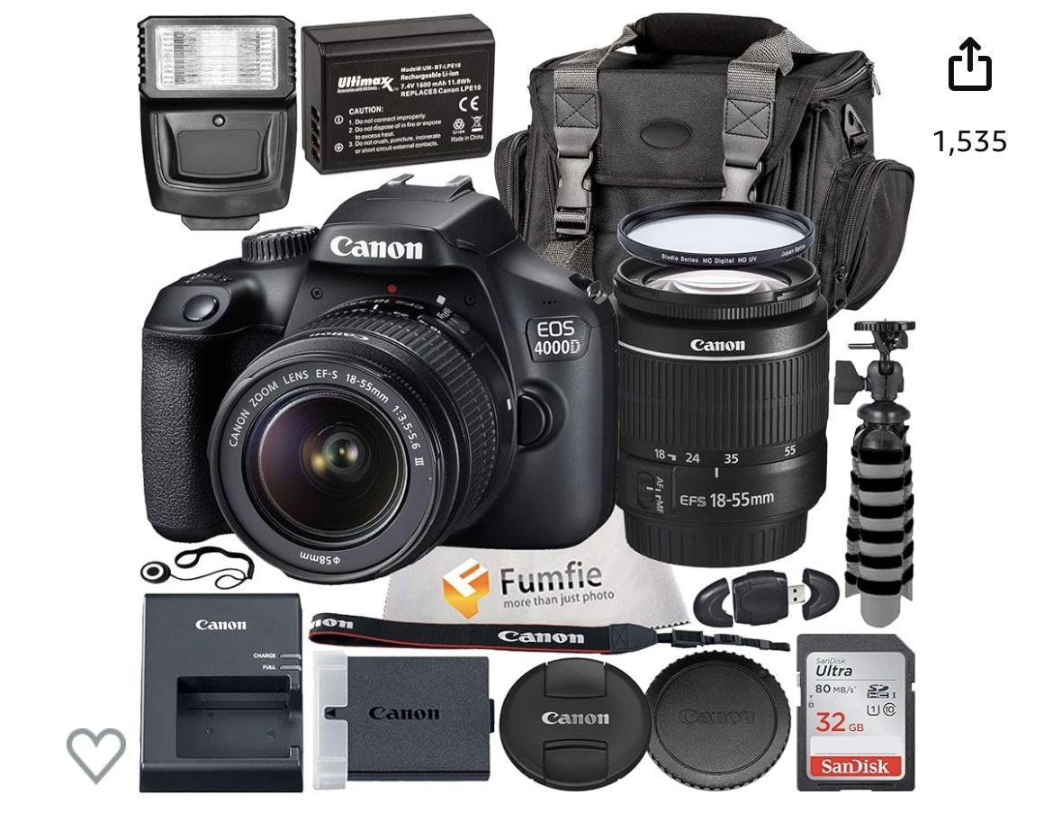 Canon EOS 4000D w/EF-S 18-55mm f/3.5-5.6 III Lens with Professional Accessory Bundle