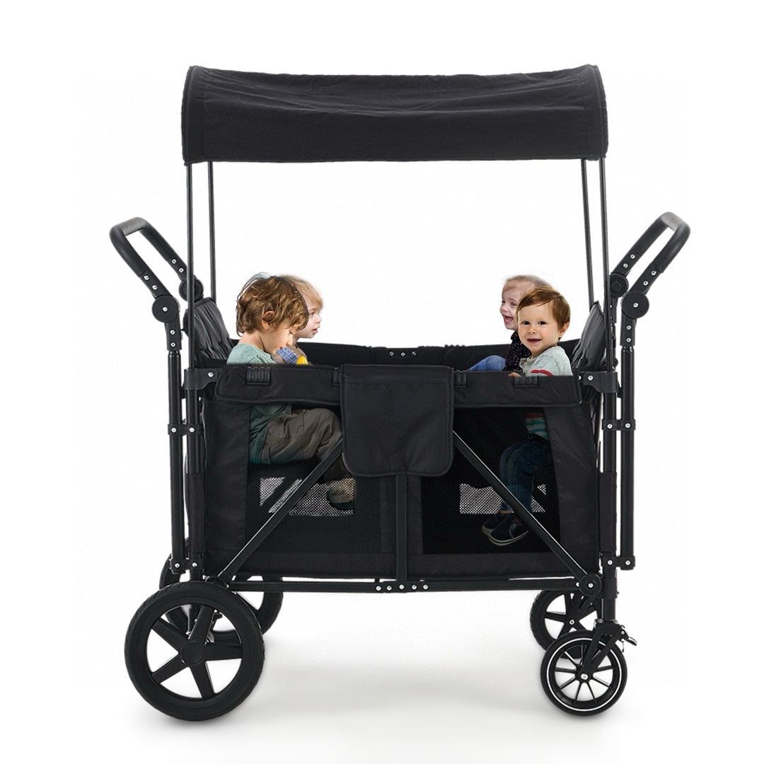 Wagon Stroller for 4 Kids, Wagon Cart with 4 High Seats and Removable Canopy, Foldable Stroller Wagon (Black)