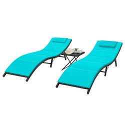 3 pcs Outdoor Chaise Lounge Chair Sets Patio Pool Lounge Chairs, Blue