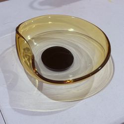 Vintage Amber Art Glass Bowl with Black Base • Asymmetrical Design • 10.5” Wide